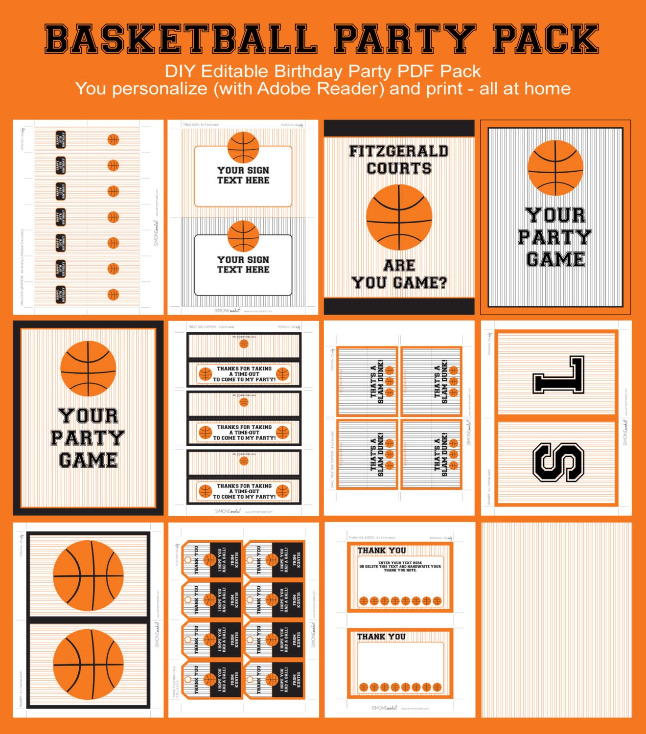 Basketball Birthday Invitation & Printable Sport Party Collection, EDITABLE text PDF file - you personalize at home with Adobe Reader