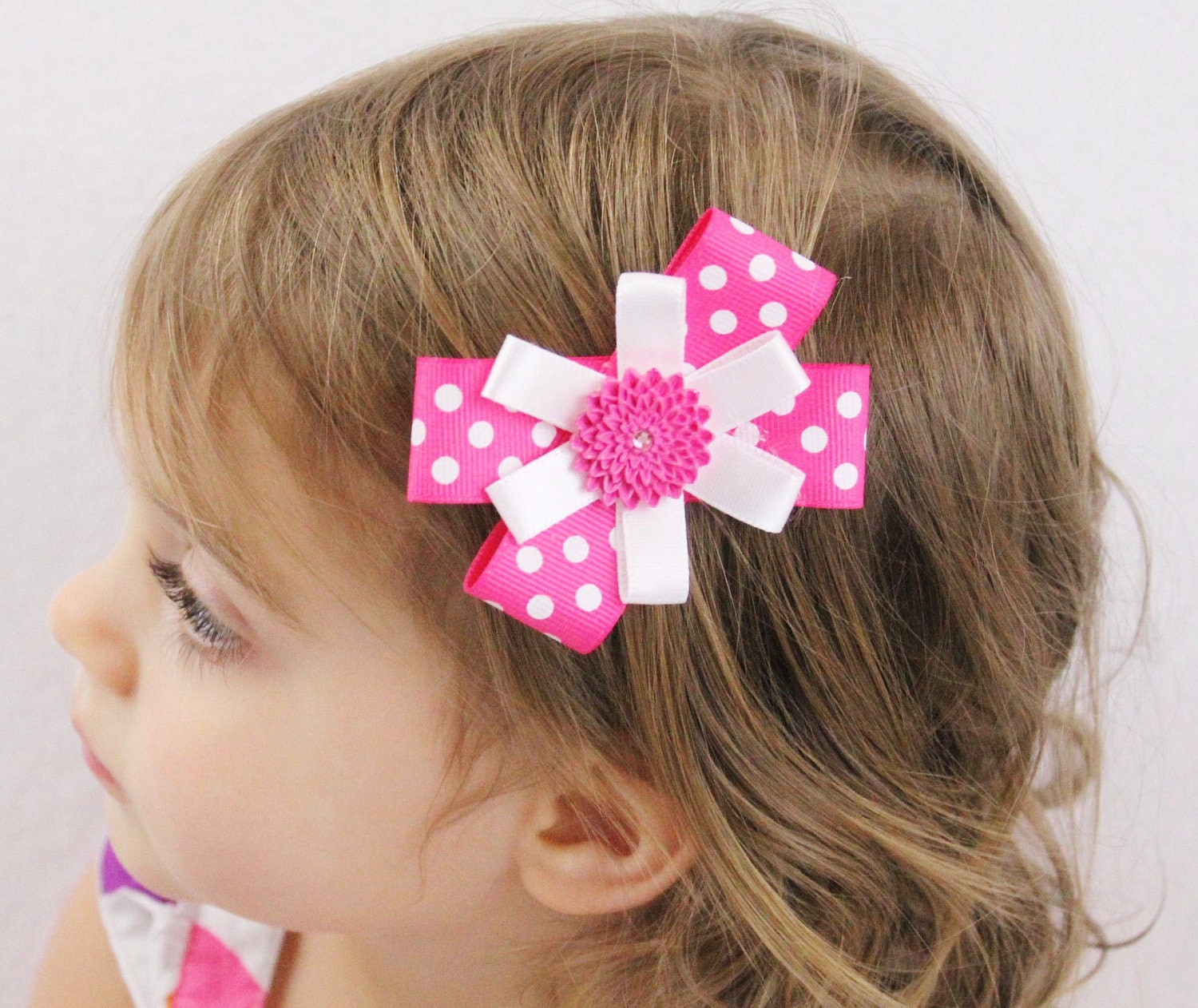 Pink Hair Bow with White Polka Dots - Small Pink Hair Bow - Baby Toddler Hair Bow Pink Flower