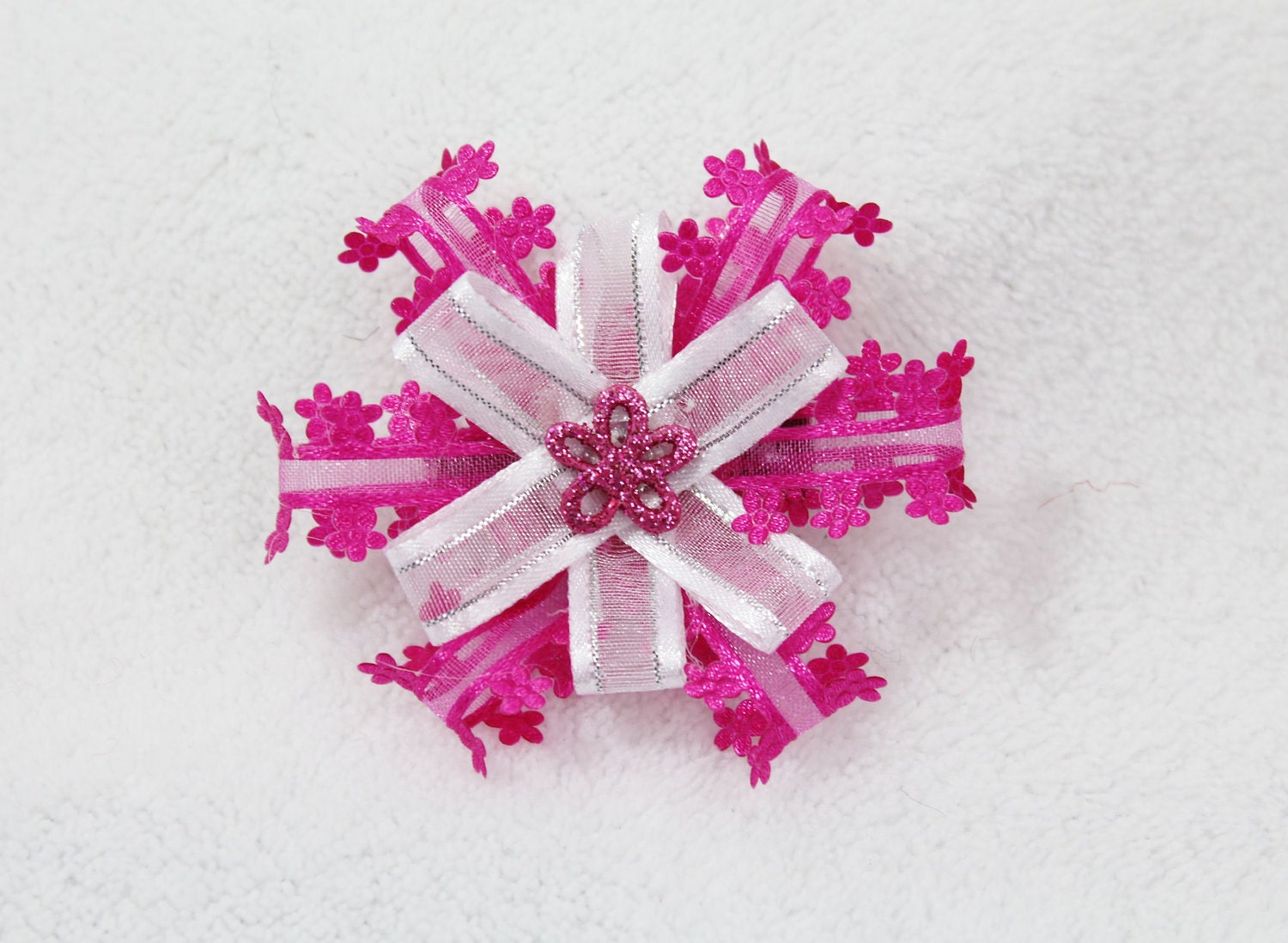 Pink Flower Hair Bow - Hot Pink and White Silver Hair Bow - Toddler Baby Girl Photo Prop