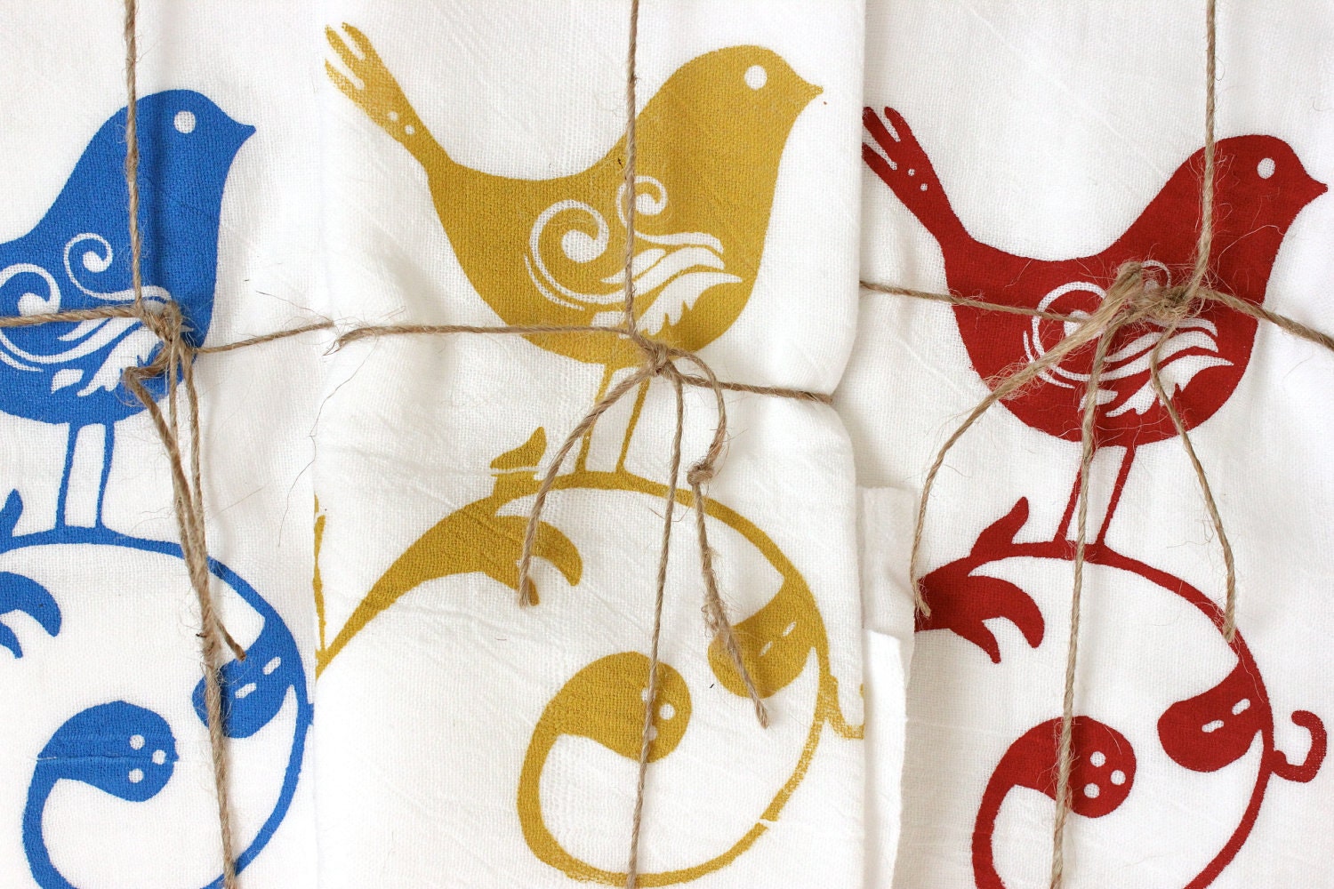 3 "SWEET BIRDS" Tea Towels- Floursack Kitchen Towels - Sweet Birds   - Dish Towel - Tea Towel