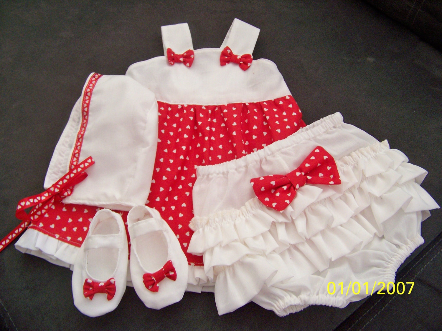 New baby girl 4 pc Valentine dress with bonnet, diaper cover & booties