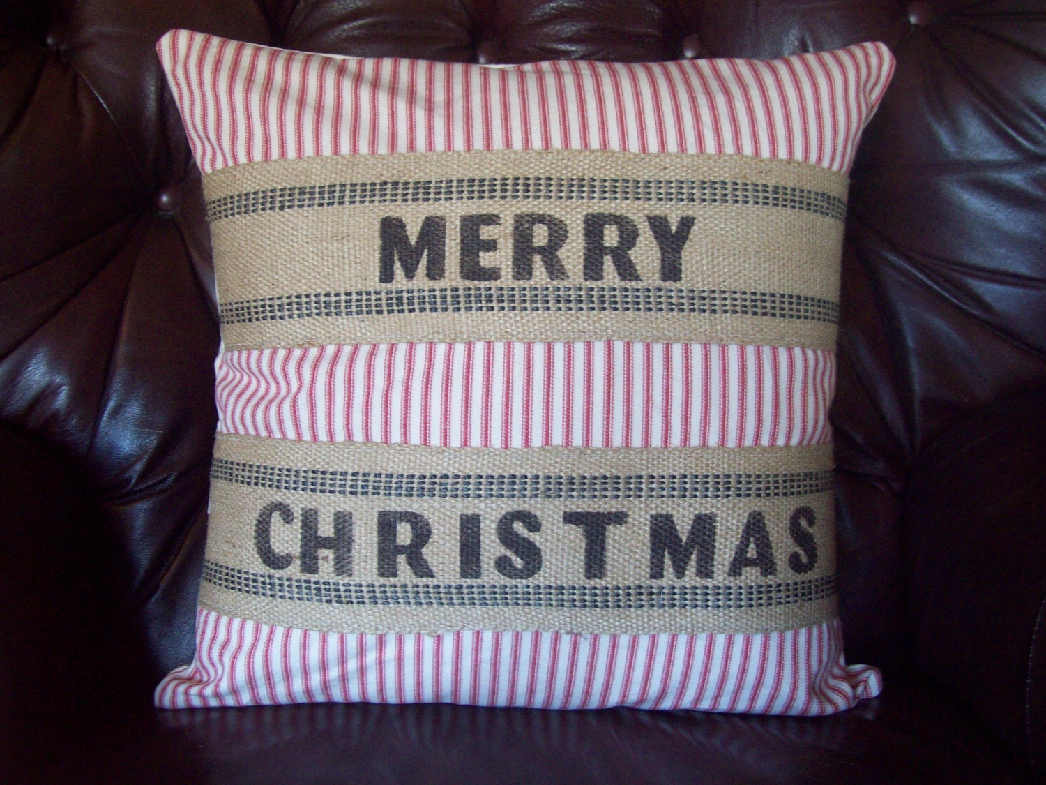 Merry Christmas Pillow Cover - Jute and Red Ticking Decorative Pillow Cover 16 x 16 - Christmas Pillow - Christmas Decorations