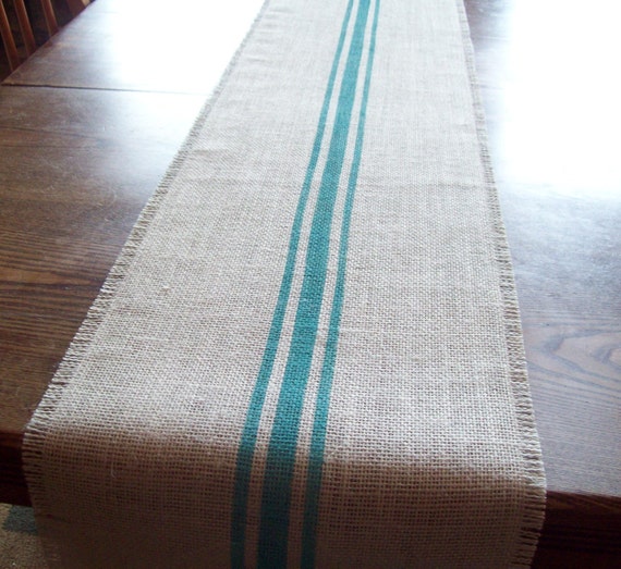 Burlap Table Runner with Hand Painted Grain Sack Style Sea Blue Stripes 12 x 72 by North Country Comforts