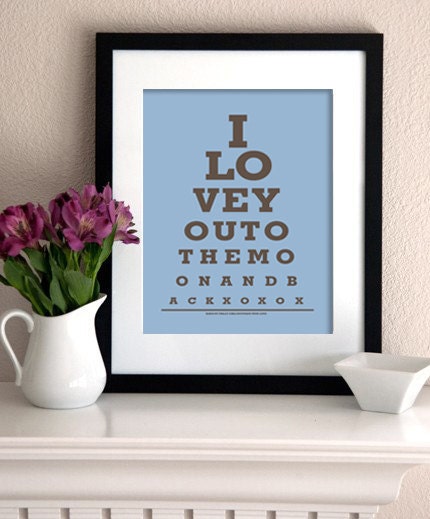 Kids Room wall art decor Eye Chart Print "I Love You to the Moon and Back" (light blue & brown)- Eye Exam Chart Print
