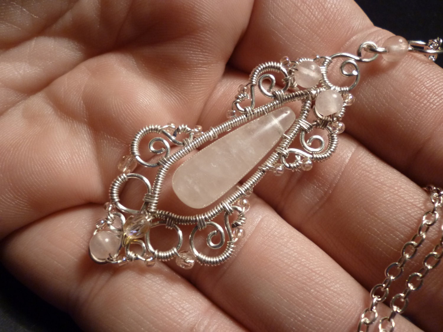 Rose quartz gemstone and silver pendant - wire wrapped jewelry