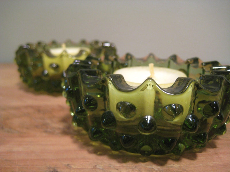 Pair of Vintage Green Glass Candle Holders
