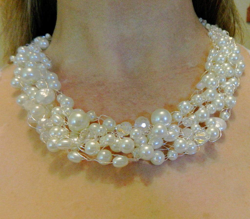 Wedding Jewelry Pearls and Crystals Swarovski a Fresh Water Silver Wire Crochet "Chunky Anna's Bridal Elegance"