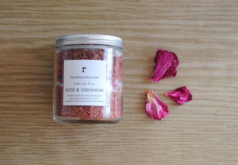 Rose and Geranium Bath Salts. Dead Sea Salt with Essential Oils, 8 oz. Jar 100% Natural