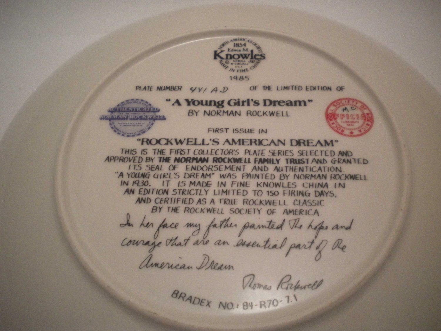 Norman Rockwell Plate A Young Girl's Dream Collector's  Limited Edition