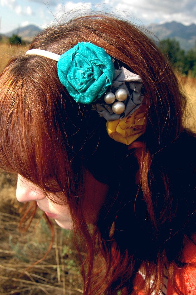 Blue, Grey, and mustard yellow rosette with pearls headband
