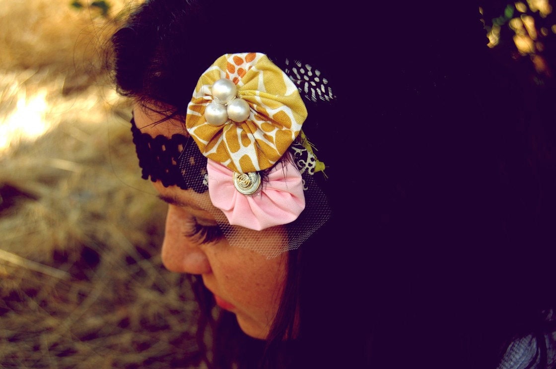 boho Giraffe pattern pink knit pearls buttons headband with clip