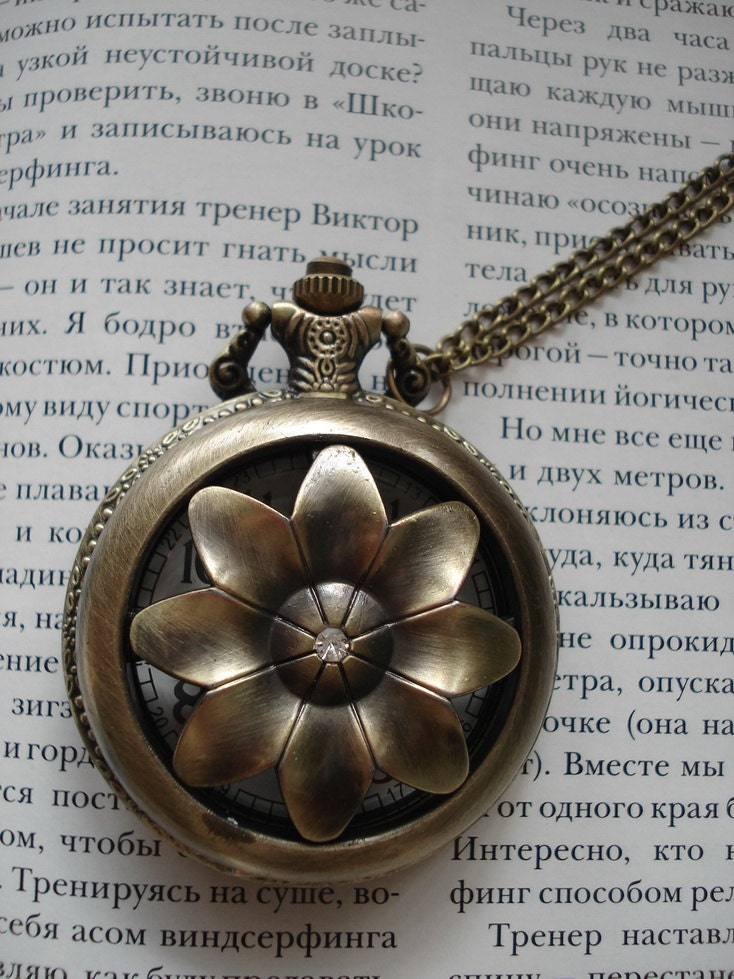 20% HOLIDAY SALE Necklace Pendant Flower bronze Pocket Watch quartz Gift Chain E217