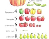 Vegetables and fruit art print ... numbers counting illustration