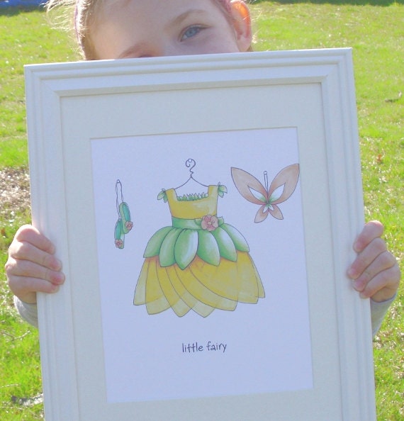 Fairy princess dress art print  girls room wall decor.