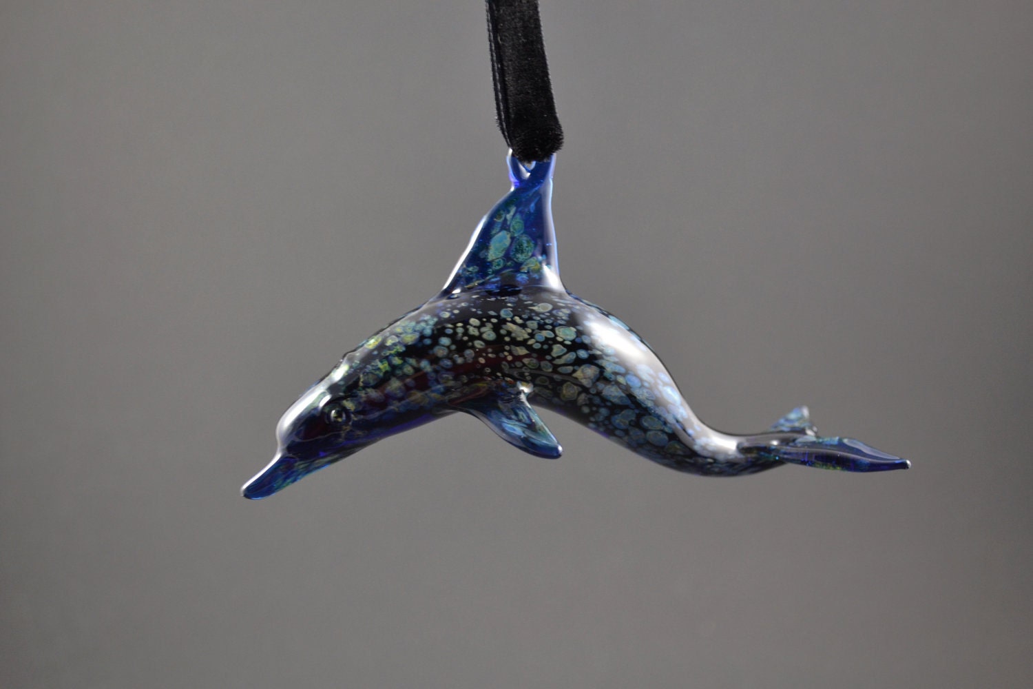 Hanging Glass Dolphin Ornament, Lampwork Marine Life Sculpture