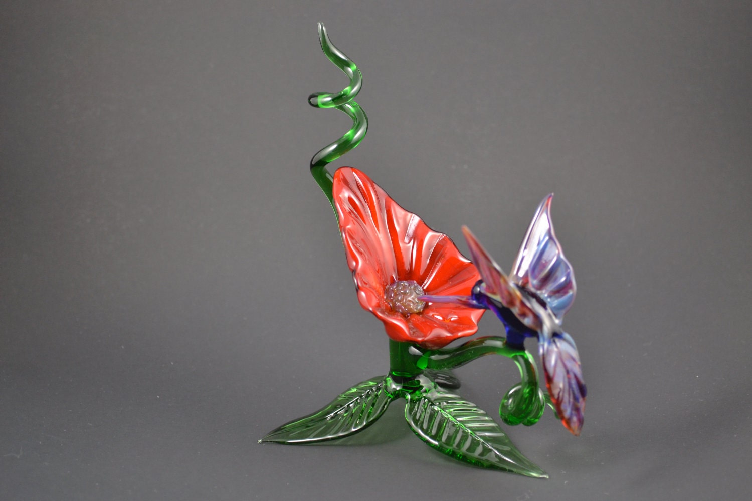 Glass Hummingbird and Flower on 3-Leaf Base