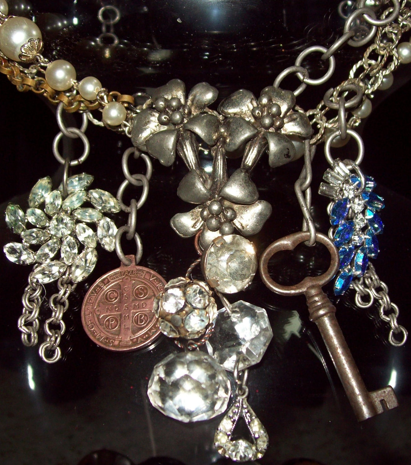 Charm Necklace Religious Cross Pendant Skeleton Key Chandelier Crystal