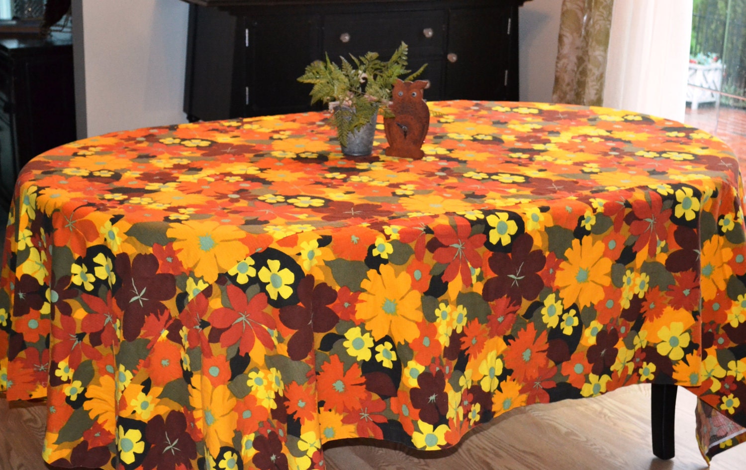 70's Retro Twin Bedspread Hippie Love Peace Yellow Orange Green Brown