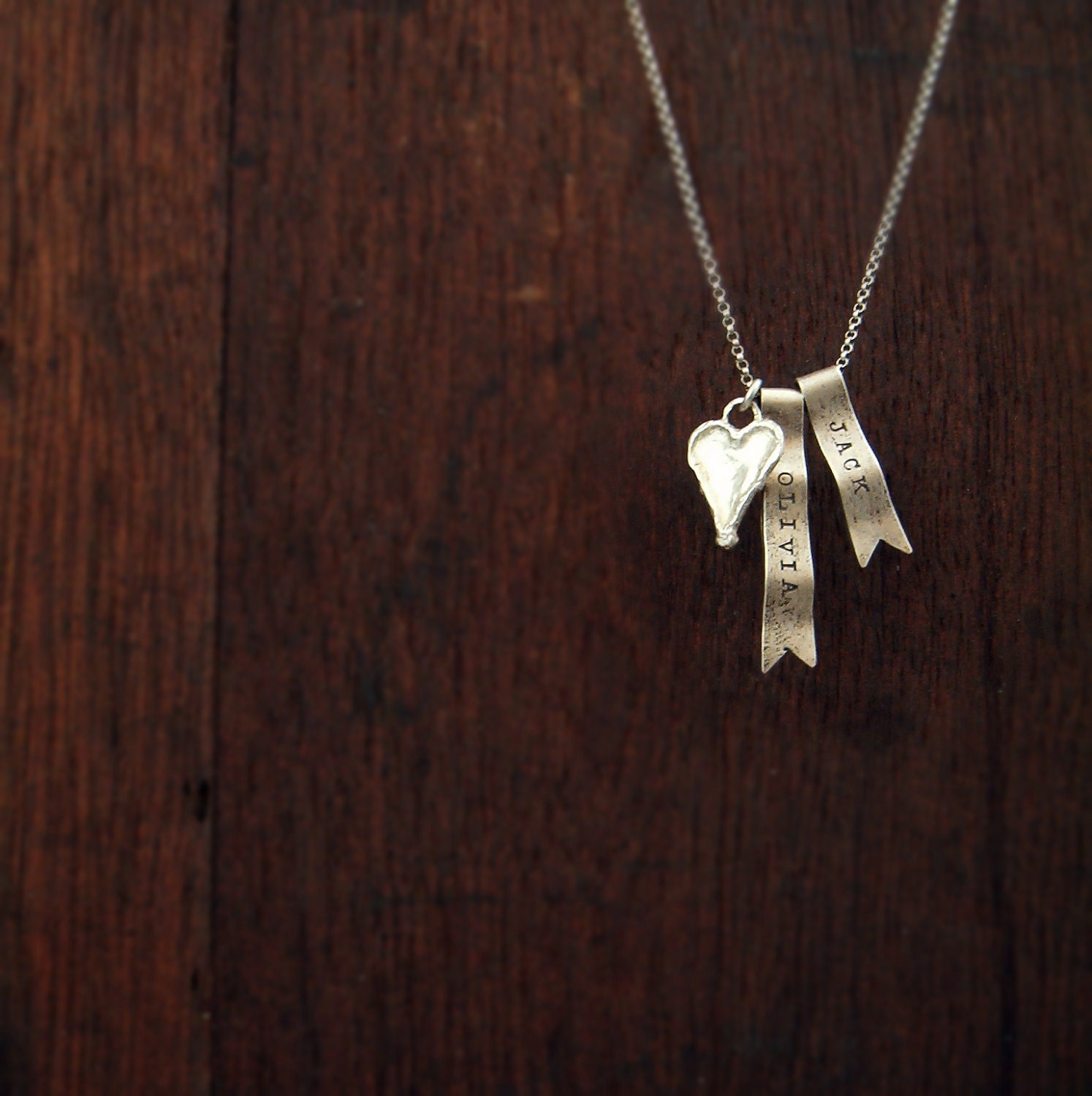 personalized sterling silver necklace ribbon banner charm with antique heart