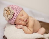 Newborn baby girl knitted hat beanie cap in Antique Rose and khaki flower 100% Cotton GREAT photo prop (sizes nb, 1-3mos, 3-6mos, 6-12mos)