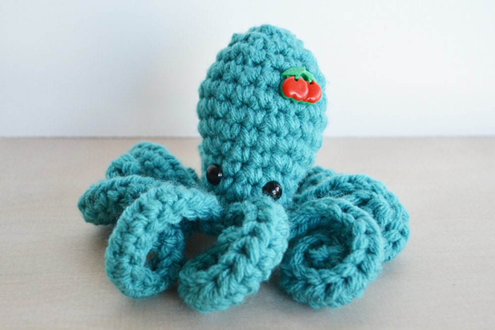 Amigurumi Octopus - Crocheted in Turquoise with Cherry Button