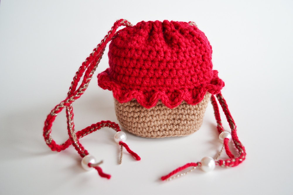 Crocheted Red and Brown Cupcake Purse / Pouch