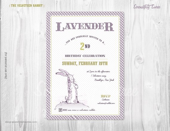 The Velveteen Rabbit - Custom Invitation - Lavender and Green - Birthday, Baby Shower, Sip & See, Easter. Il_570xn