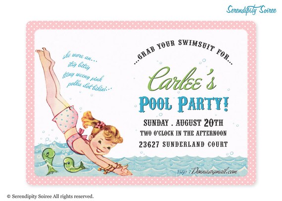 Vintage Pool Party- Custom Printable Invitation - Beach Party, Swimming Party, Pool Party, itsy bitsy teeny weeny Il_570xn