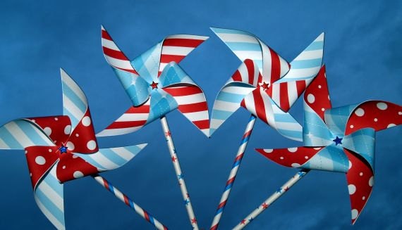 SALE 20% Off Big Top Red, White and Blue Paper Pinwheels on Stars and Stripes Paper Straws Set of 4