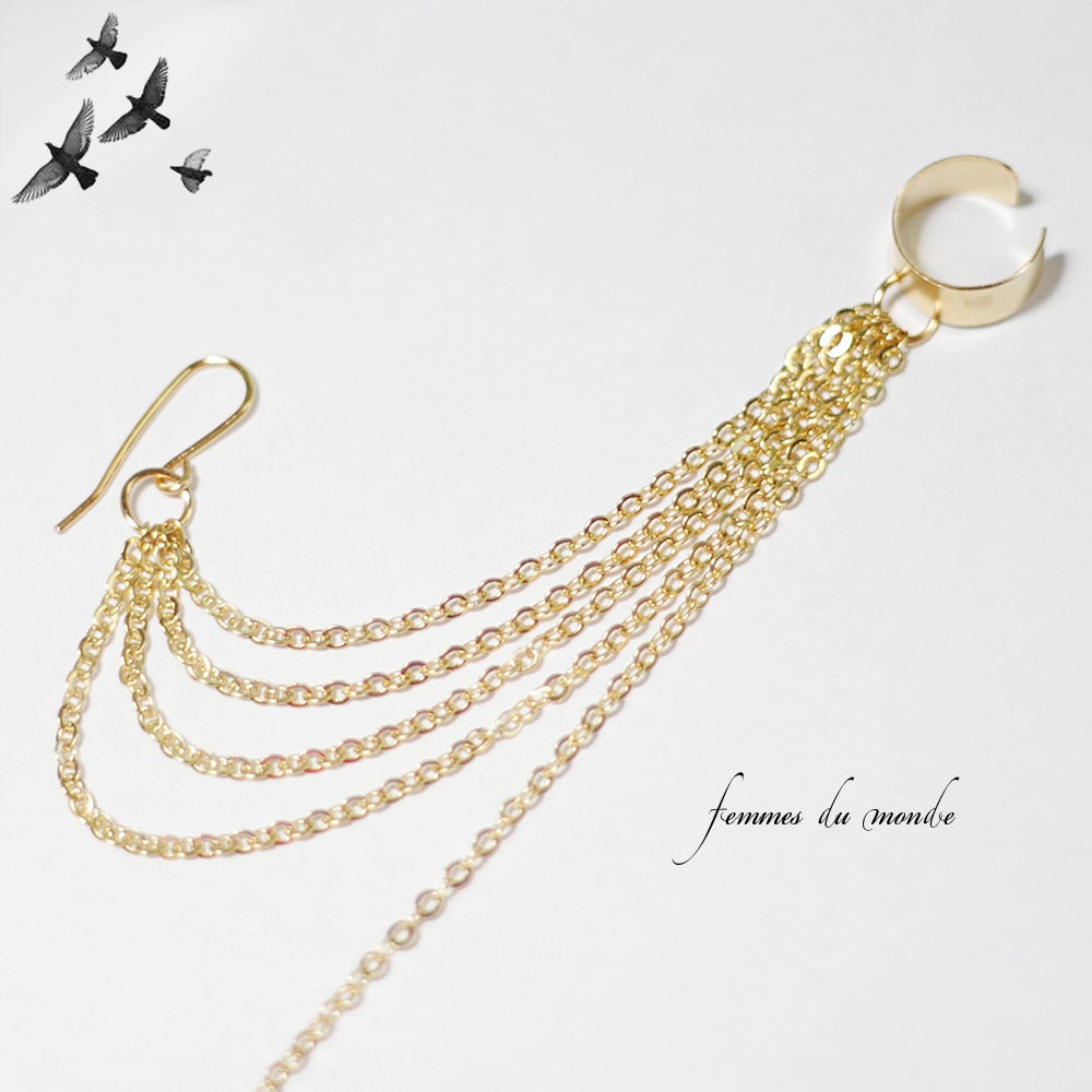Gold Draped Chain Earring Cuff - Fashion Chain Earpiece - Ear Cuff