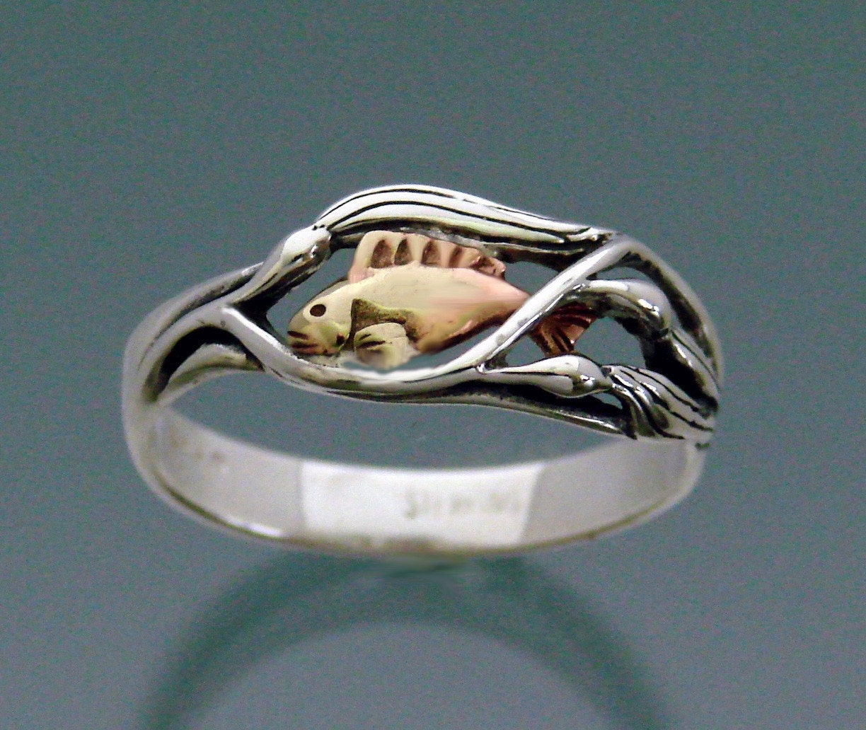 Fish Ring  - Fish in Kelp ring - Sterling silver & Bronze