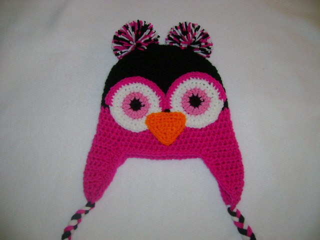 Bright Pink and Black Crocheted Owl Hat Available in Any Size