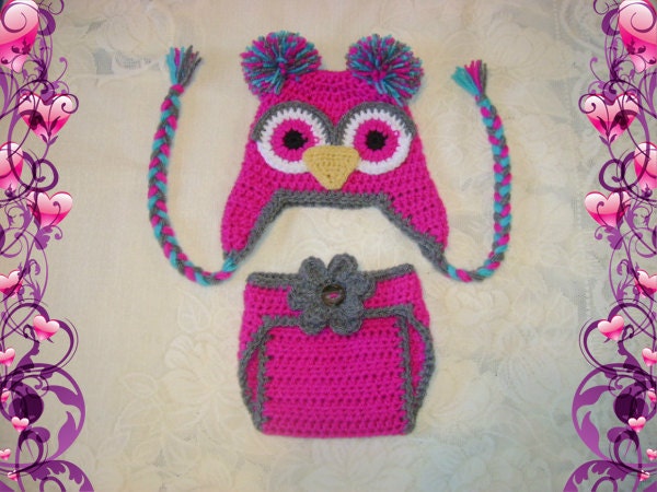 Bright Pink, Turquoise and Grey Hat and Diaper Cover Photo Prop Set - Available in Newborn, 3 to 6, 6 to 12 and 12 to 24