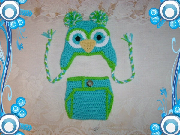 Turquoise and Lime Hat and Diaper Cover Photo Prop Set - Available in Newborn, 3 to 6, 6 to 12 and 12 to 24