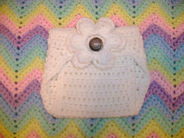 White Crochet Diaper Cover in Any Color with Detachable Flower Photo Prop - Available in Newborn, 3 to 6, 6 to 12 and 12 to 24
