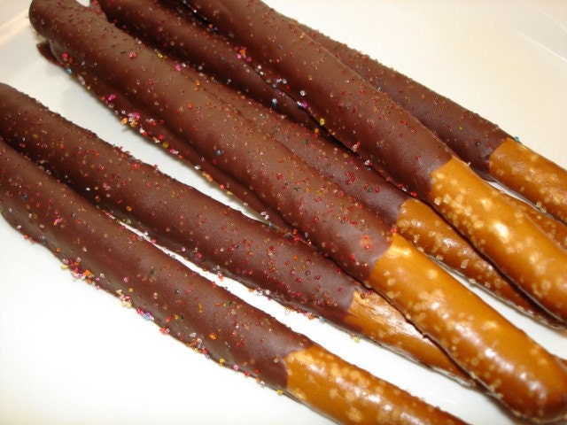 Chocolate-Dipped Pretzel Rods Candy Topped with Sprinkles- Salty and sweet-12 pieces