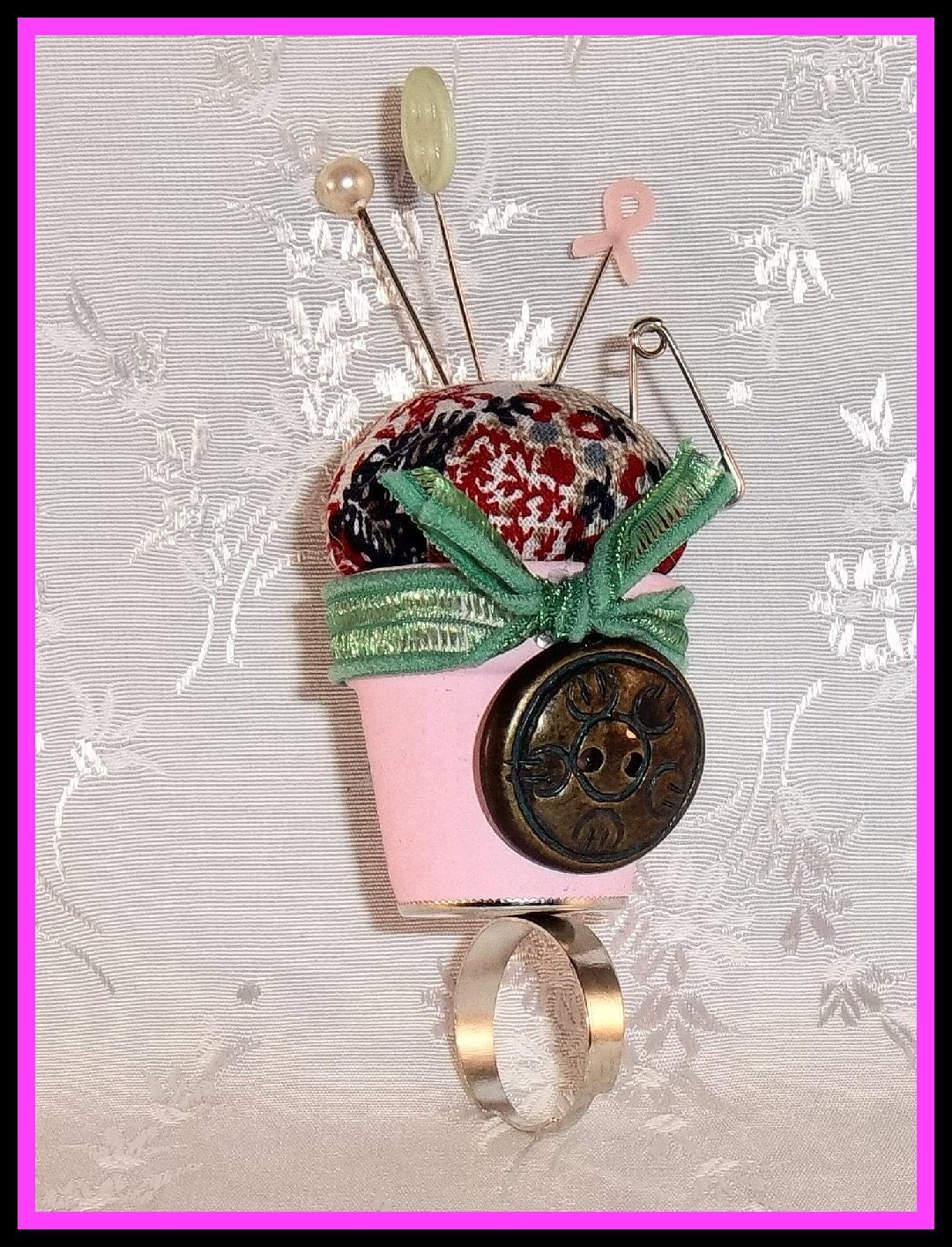 PINCUSHION Pin Keep Finger Thumb Pink Flower Pot Green Ribbon Cotton Wool