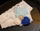 Something blue bridal rosette lace garter with rhinestone accent