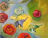 Giclee Print from my original painting, Elephants and Roses. Signed 8" x 10" image on 9 x 12" archival rag paper.