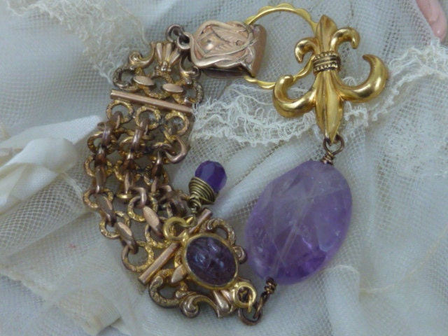ROYAL AMETHYST watch chain  vintage assemblage antique bracelet