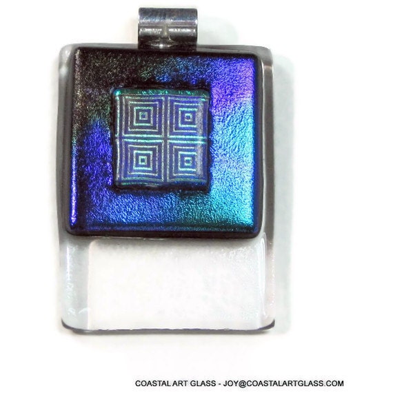 Art Glass Pendant Necklace Blues Greens Purples Etched Squares
