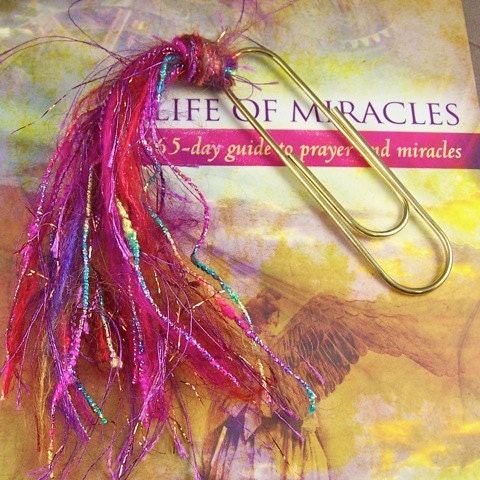 Bookmark Pink Yarn BIG 4" Paperclip Jumbo and Fancy Fiber  - Hot Pink, Metallic, Watercolor