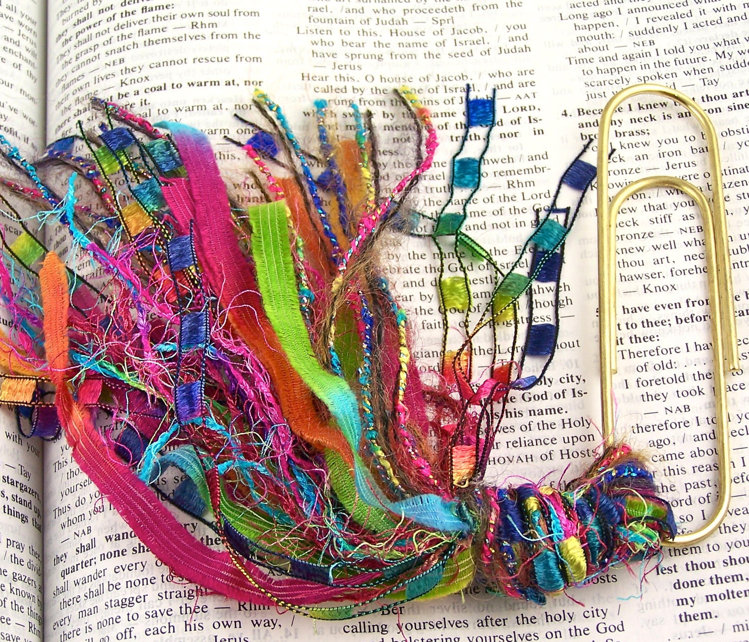 Bookmark -  BIG 4" Oversized Paperclip & Fancy Rainbow Colorful Yarn Fiber Tassel - Fluffy Metallic Fuzzy Mixed Novelty Yarns
