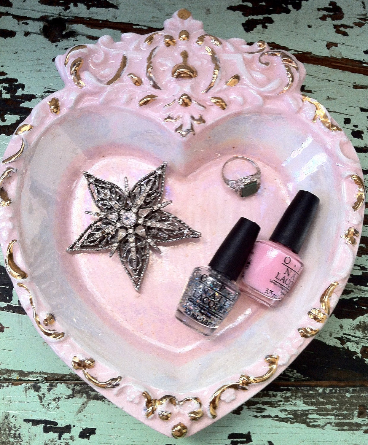 S a l e Powder Pink HEART JEWELRY TRAY Handmade in 1976 Boudoir Decor
