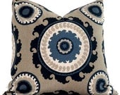 Duralee Blue and Tan Suzani Decorative Pillow Cover 18x18, 20x20, or 22x22, Accent Pillow, Throw Pillow, Pillow Cushion