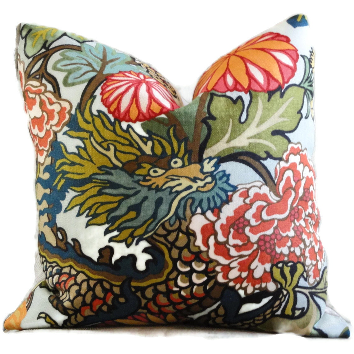 Aquamarine Schumacher Chiang Mai Decorative Pillow Cover with Dragon Face 18x18, 20x20 or 22x22, throw pillow, accent pillow