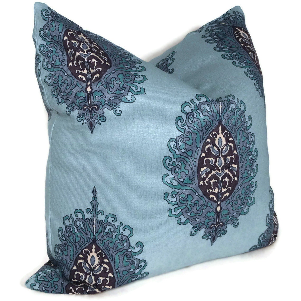 SALE PILLOW Duralee Aqua Medallion Decorative Pillow Cover  20x20 Toss Pillow, Throw Pillow, Accent Pillow