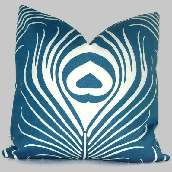 Duralee Turquoise Peacock Feather Decorative Pillow Cover, Accent Pillow, Throw Pillow, Toss Pillow