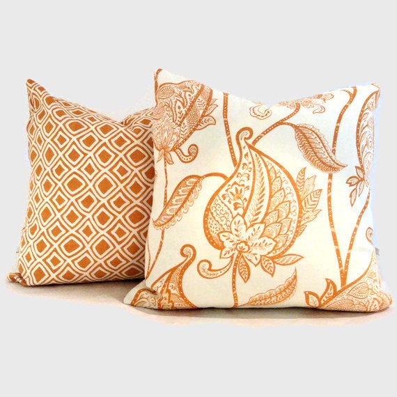 SALE Orange Paisley Flowers, Duralee Decorative Pillow Cover, 18x18, 20x20, 22x22