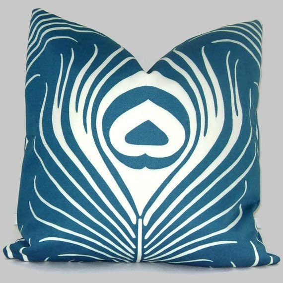 Duralee Turquoise Peacock Feather Decorative Pillow Cover, Accent Pillow, Throw Pillow, Toss Pillow